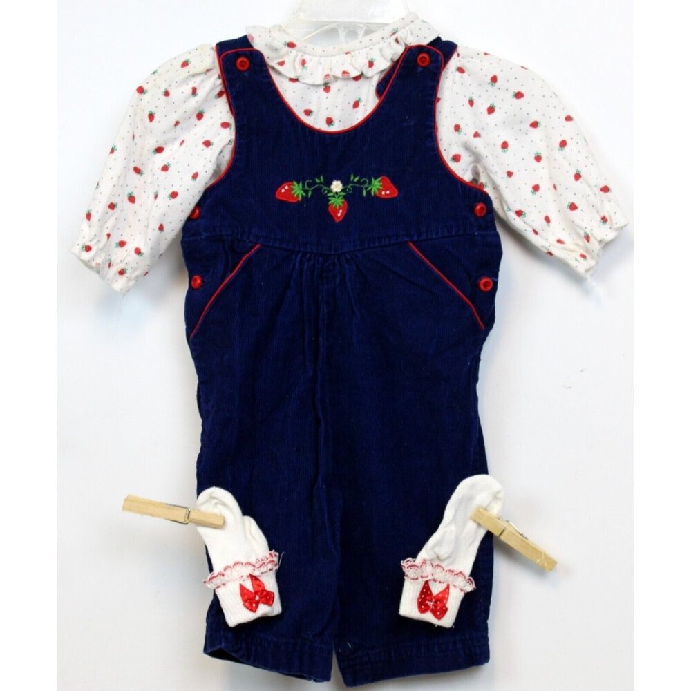 VTG Baby Togs Girl 3 Pc Outfit sz 3-6 Months Strawberry Overalls Shirt Socks